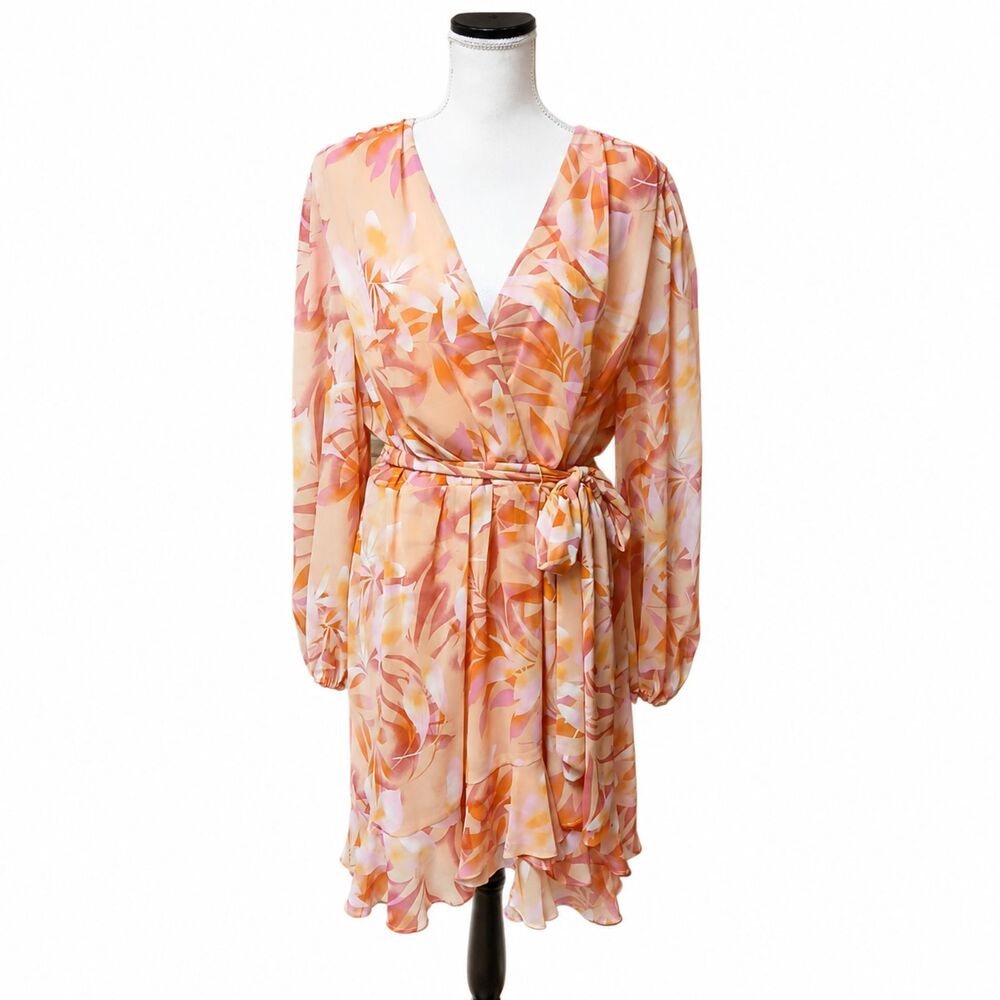 Alex Marie Floral Watercolor Faux Wrap Dress Womens 18 Pink Coral Orange Ruffle